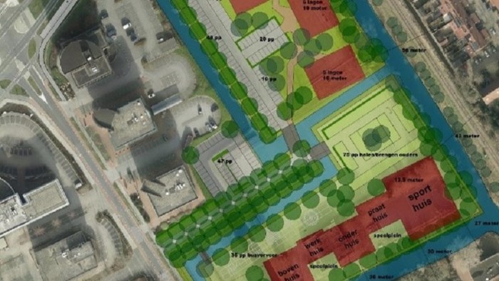 Concept inrichtingsplan bebouwing oude hockeyvelden met rechts onderin het IKEC en bovenin 4 woongebouwen met 140 huurwoningen 