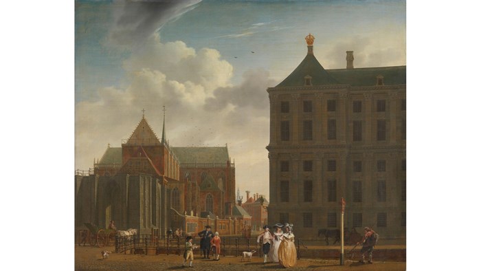 Isaac Ouwater (1748-1794), De Nieuwe Kerk en het stadhuis op de Dam, ca 1785