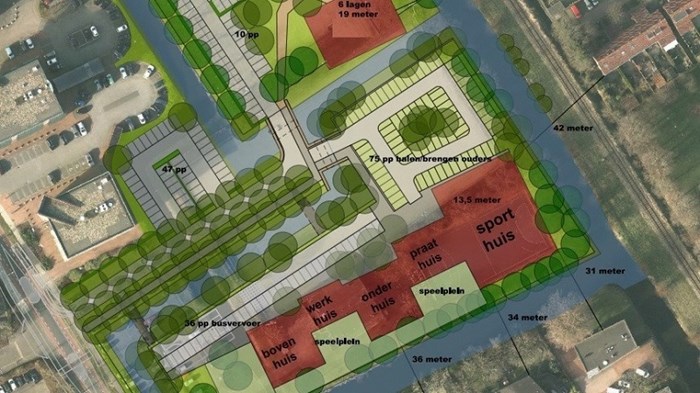 Inrichtingsplan bebouwing oude hockeyvelden met rechts onderin het IKEC en bovenin 4 woongebouwen met 140 huurwoningen  