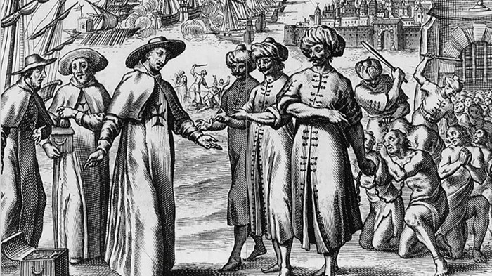 Vrijkoping van christenslaven in Noord-Afrika, op de achtergrond een zeegevecht, 17e eeuw